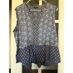 Lucky Brand Boho Embroidered Sleeveless Top XL Blue Floral Peplum Hem